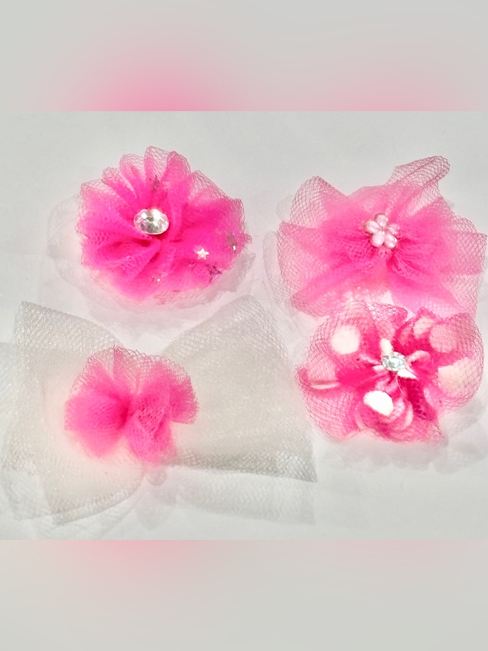 Set of Four Pink and White Floral Tulle Hair Bows for Small Dogs